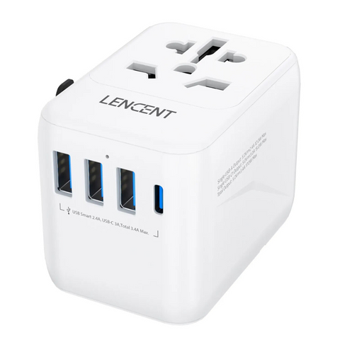 Lencent Universal Power Adapter With 1 USB-C And 3 USB Ports | Power Plug Converter (White)