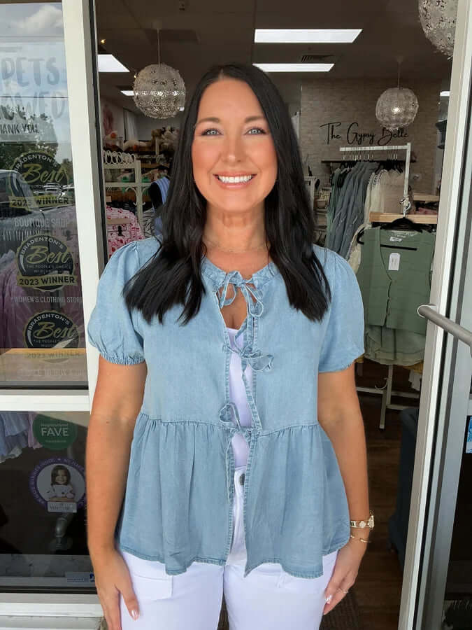 Chambray Tie Front Short Sleeve Top FINAL SALE