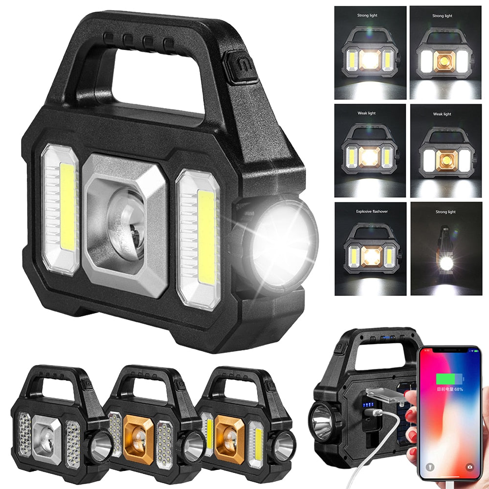 500LM USB Rechargeable Flashlight Waterproof 6 Gear COB/LED Torch Light Portable Powerful Lantern Solar Light for Camping Hiking