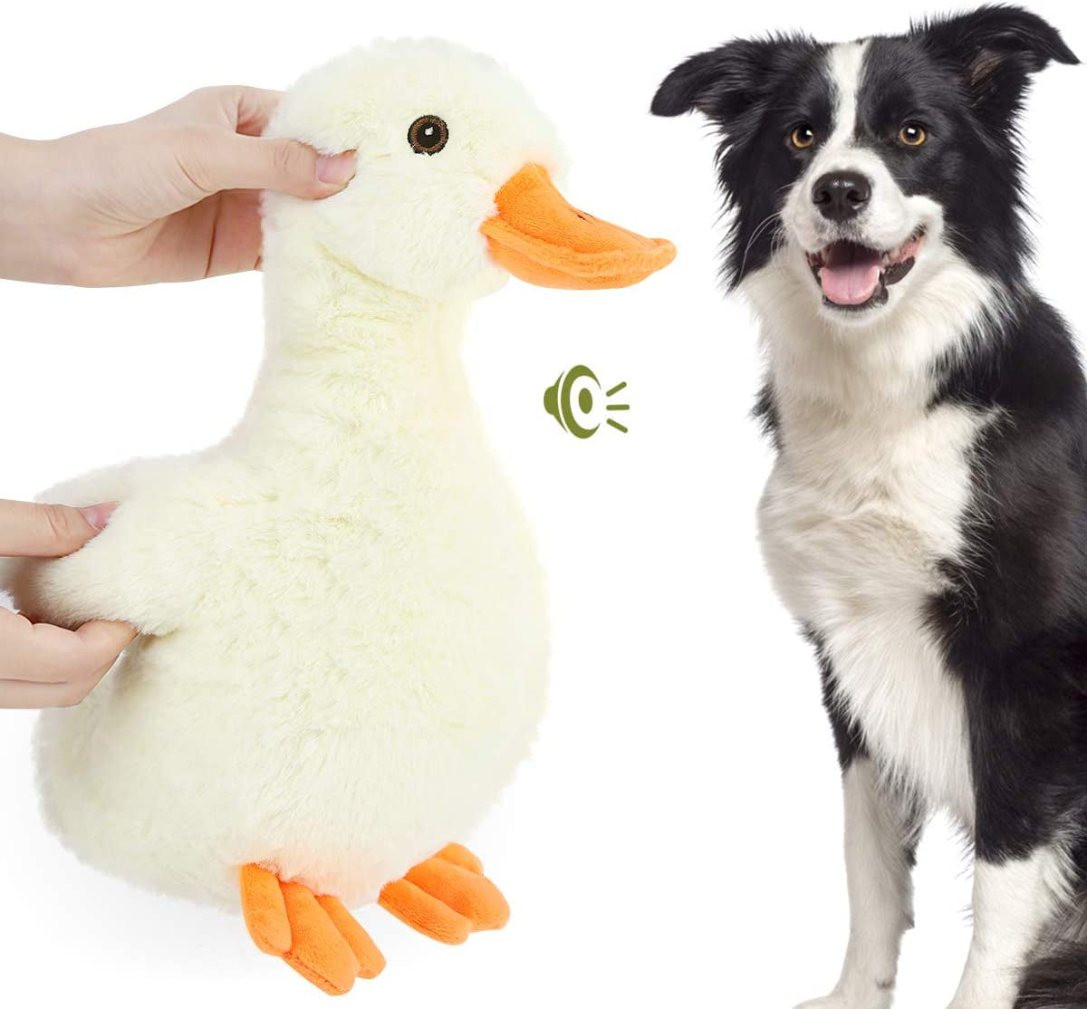 Squeak Plush Duck Dog Toy, Large 12'' Super Soft Plush Stuffed Duck-Shaped Pet Toys, Crinkle Paper Rattle Pet Biting Training Chew Toys Non-Toxic Plush Doll for Pet Dogs, Light Yellow/Orange