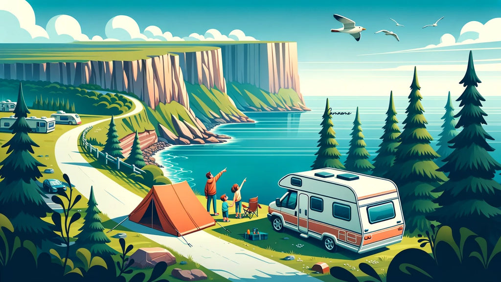 Illustration of a caravan parked at a scenic cliff overlooking the ocean. A family is setting up a campsite beside it, with children pointing towards the horizon, encapsulating the essence of exploration and making memories.