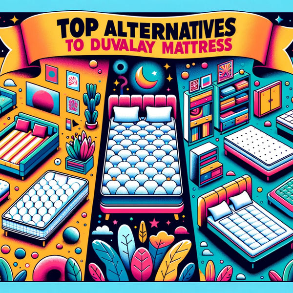 Colorful vector illustration showcasing a split scene with the Duvalay mattress on one side and various alternative mattresses on the other. Each alternative mattress has distinct designs and patterns, representing their unique features. Above the scene, a vibrant banner reads 'Exploring Top Alternatives to Duvalay Mattress'.