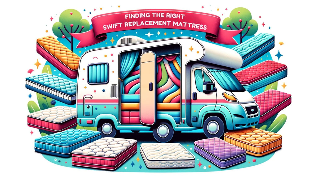 Colorful vector illustration depicting a Swift caravan with an open door, revealing a plush mattress inside. Surrounding the caravan are various other mattresses, each with unique designs and patterns, symbolizing the choices available. Above, a vibrant banner reads 'Finding the Right Replacement Mattress for Swift Caravans'.