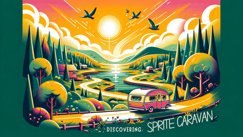 Vibrant vector design of a Sprite caravan traveling on a winding road through a picturesque landscape of hills, lakes, and forests. Birds fly overhead, and the sun casts a golden hue, highlighting the caravan's journey. The title 'Discovering Sprite Caravans' is gracefully integrated into the sky.