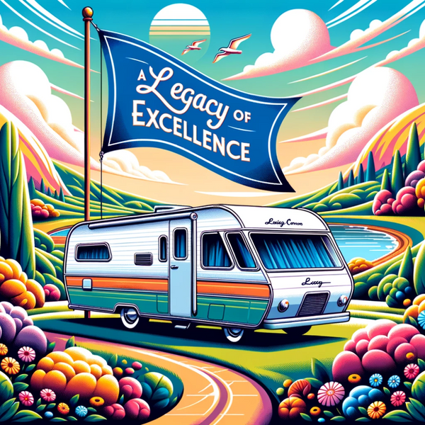 Colorful vector illustration showcasing a Swift caravan parked in a vibrant landscape with rolling hills, blooming flowers, and a clear blue sky. A flag with the inscription 'A Legacy of Excellence' waves in the foreground, emphasizing the brand's reputation.