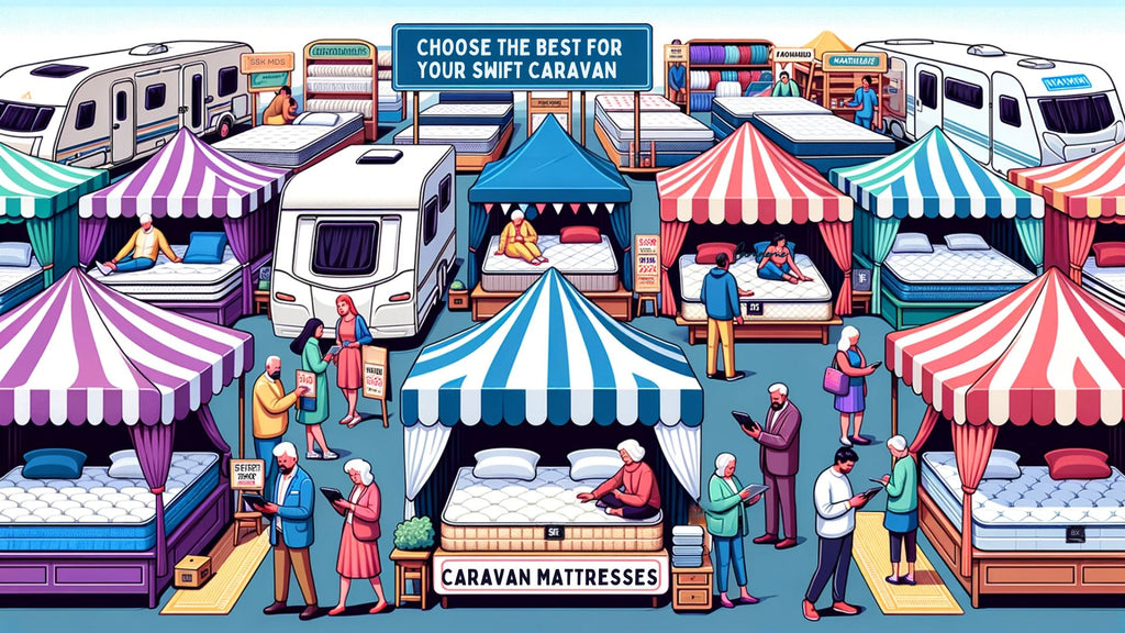 Colorful vector illustration of a bustling market scene dedicated to caravan mattresses. Stalls display various types of mattresses with tags like 'Luxury', 'Budget-friendly', and 'Top-rated'. Shoppers are seen testing out the mattresses, some reading reviews on tablets, while others chat with salespeople for recommendations. Above, a sign reads 'Choose the Best for Your Swift Caravan'.