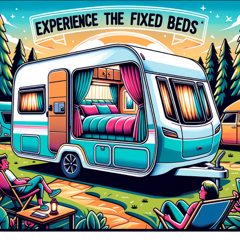 Vibrant vector design of a Swift caravan parked in a serene campsite setting. Through the caravan's window, one can see the inviting fixed bed adorned with cushions and a soft duvet. Campers around the caravan look envious, highlighting the appeal of the fixed bed. Above, a banner reads 'Experience the Joy of Fixed Beds'.