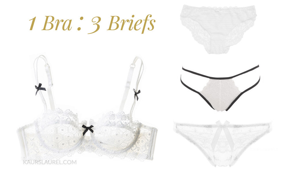 Buy your underwear in a 1 bra to 3 panties ratio, so you never run out of matching sets. Pictured: Vivienne white lace bra.