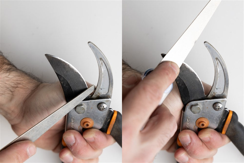 Two images showing the DMT Diamond Flat File starting sharpening at the bottom of the pruner blade and finishing at the top.
