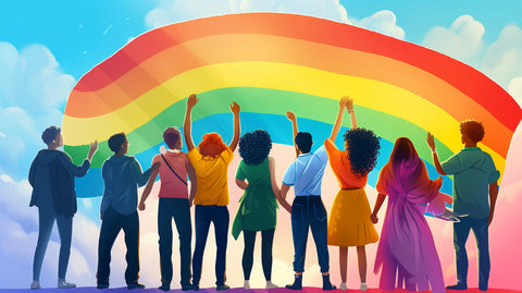 Illustration of diverse LGBTQ+ individuals standing together, each holding a letter of 'LGBTQ+', with a vibrant rainbow as the backdrop.