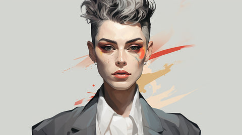 Illustration of a person with features blending traditional male and female characteristics, showcasing an androgynous appearance.