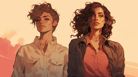 Illustration showcasing two LGBTQ+ women side by side, one with a traditionally masculine appearance (Butch) and the other with a traditionally feminine appearance (Femme).