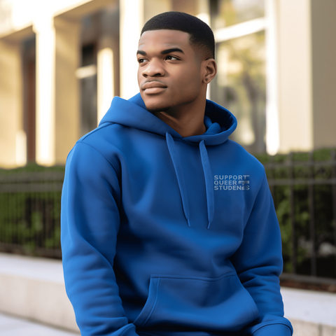An African American Student male wearing a blue Support Queer Students Hoodie