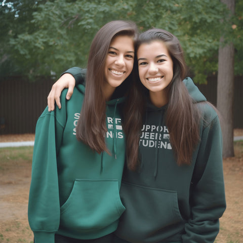 A close-up of 'Support Queer Students' Olive green Hoodies on Campus