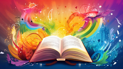 Illustration of a colorful dictionary open to a page titled 'LGBTQ+ Terms', with various LGBTQ+ symbols and icons scattered around.