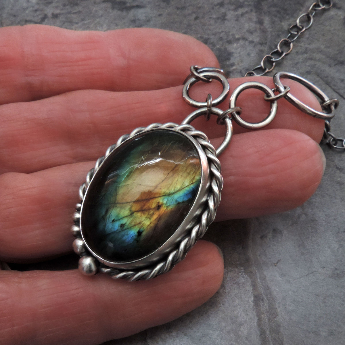 Labradorite Gemstone Necklace with Twist Bezel Design - A Twist of Whimsy