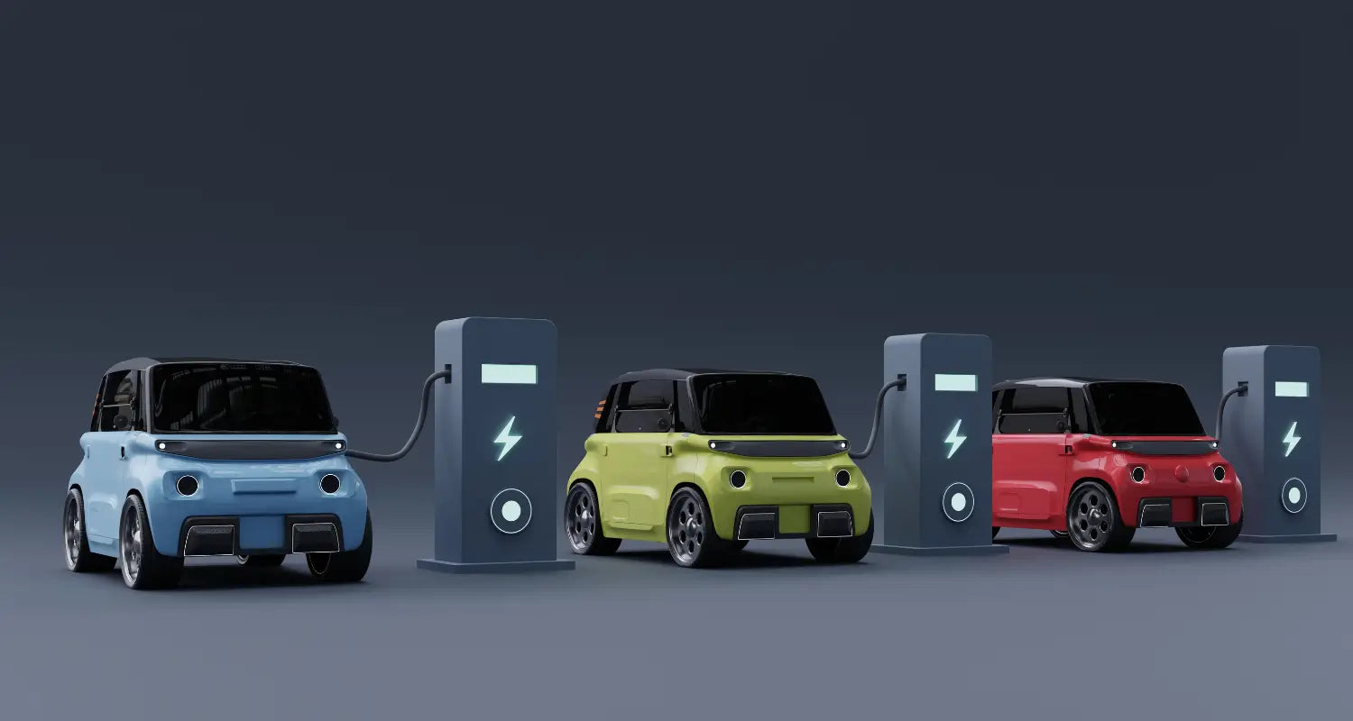 EVs of different colors charging with a charging post