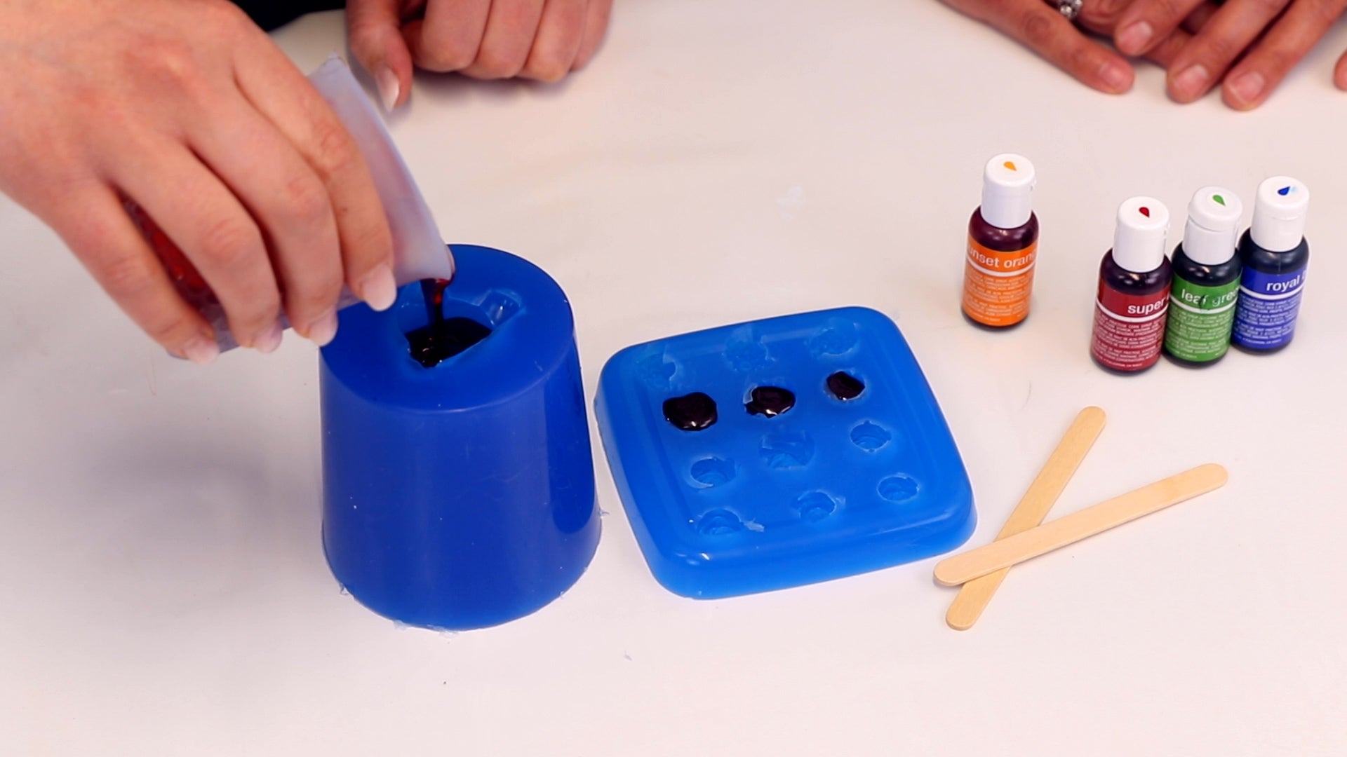 pour liquid hard candy syrup into clean and dry silicone mold 