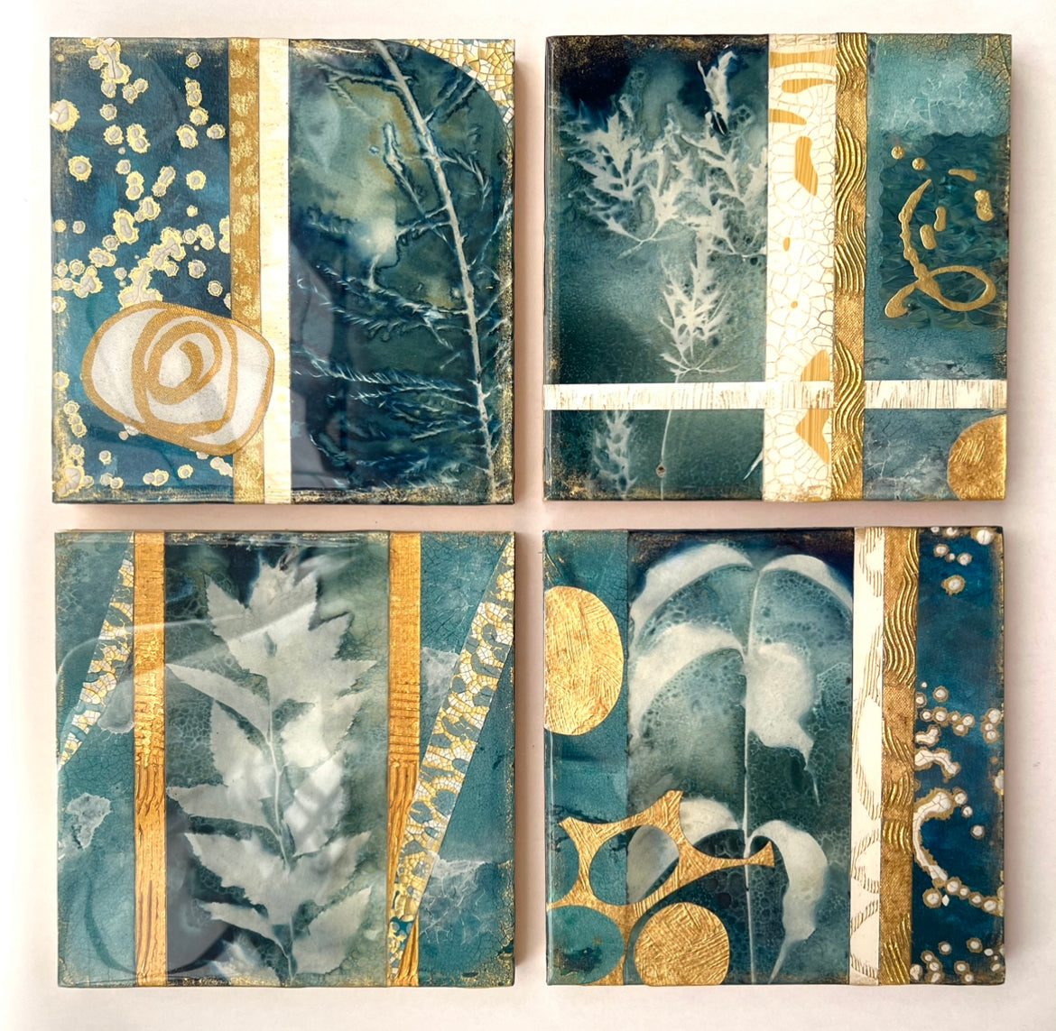 teal and gold resin mixed media painting