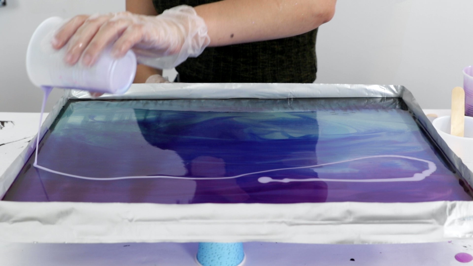 Resin Window Painting - pour the lilac in thin lines throughout