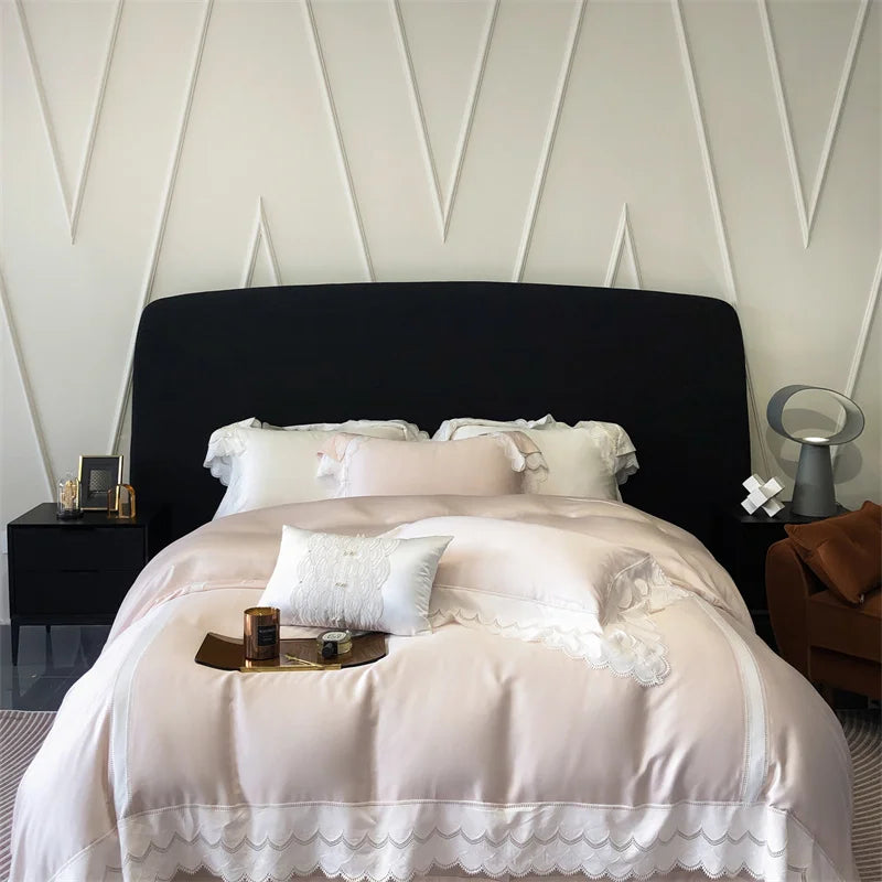 4Pcs Pink Princess Lace Edge Lyocell Eucalyptus Fiber Soft Silky Bedding Set Duvet Cover Set Bed Sheet/Fitted Sheet Pillowcases