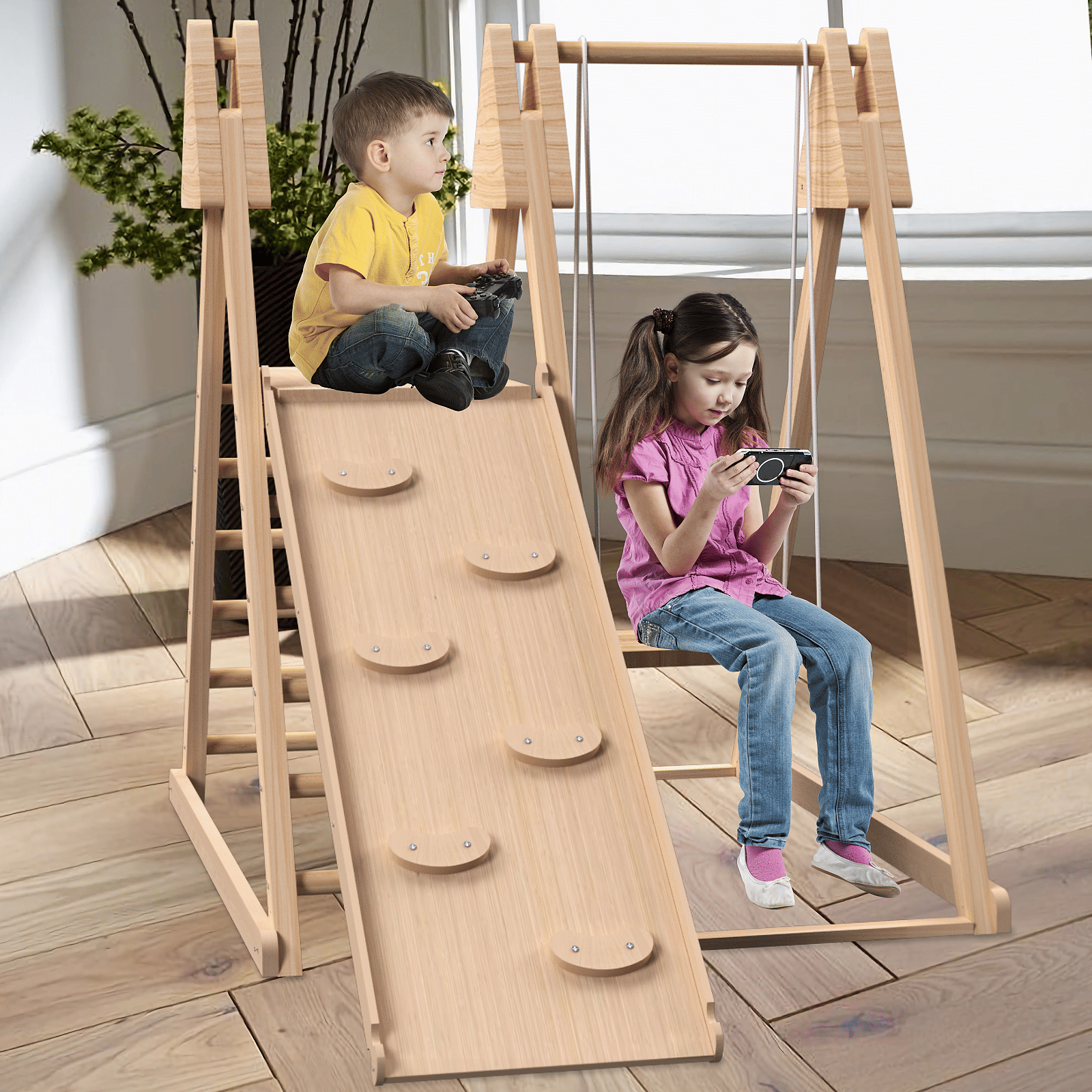 Juniper 4-in-1 Indoor Jungle Gym β Wooden Montessori Playset with Slide, Baby Swing, Ladder & Climbing Wall (Foldable)