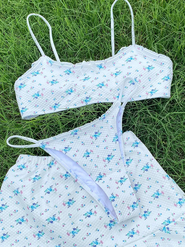 Sweet Summer Floral Bow Bikini Set With Skirt