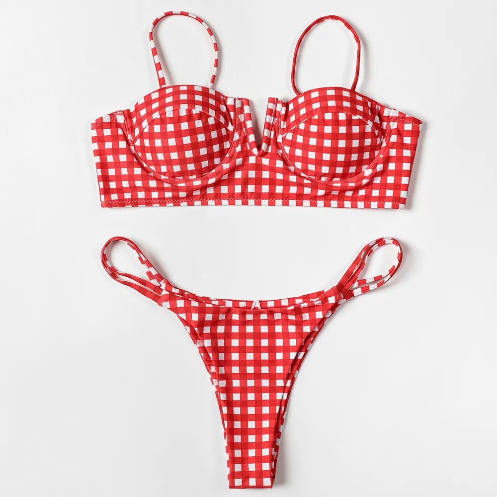 Sunset And Swim Red Plaid Gingham Brazilian Bikini