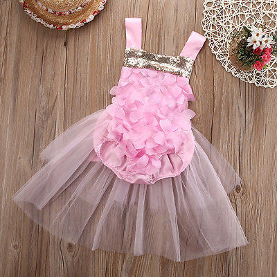 Rosette Pink and Gold Sequin Baby Romper with Tulle Skirt – Angora Boutique