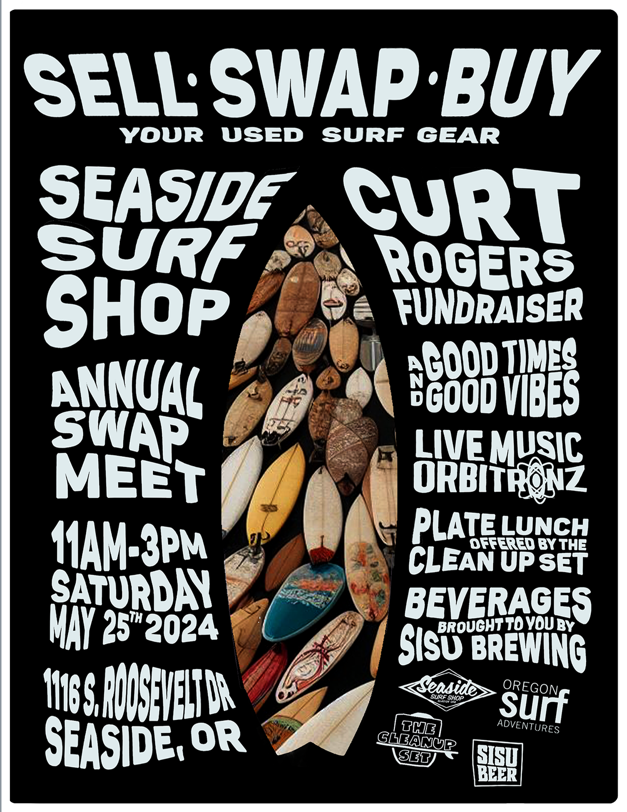 2024 Swap Meet Poster for Seaside Surf Shop and Curt Rogers Fundraiser