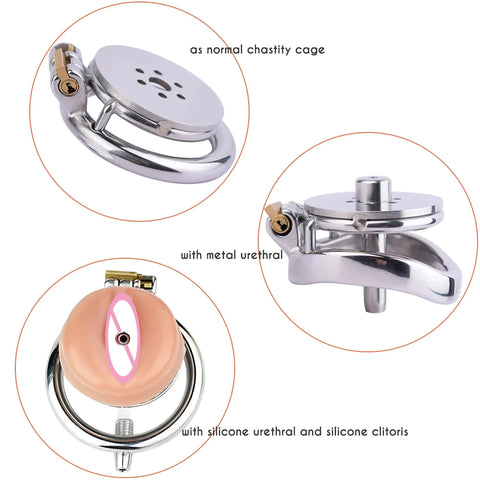 3 in 1 Realistic Clit Chastity Cage with Detachable Silicone/Metal Catheter Metal Flat Chastity Device For Sissy