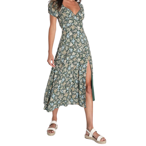 Meadow Muse Green Floral Tie-Back Puff Sleeve Midi Dress