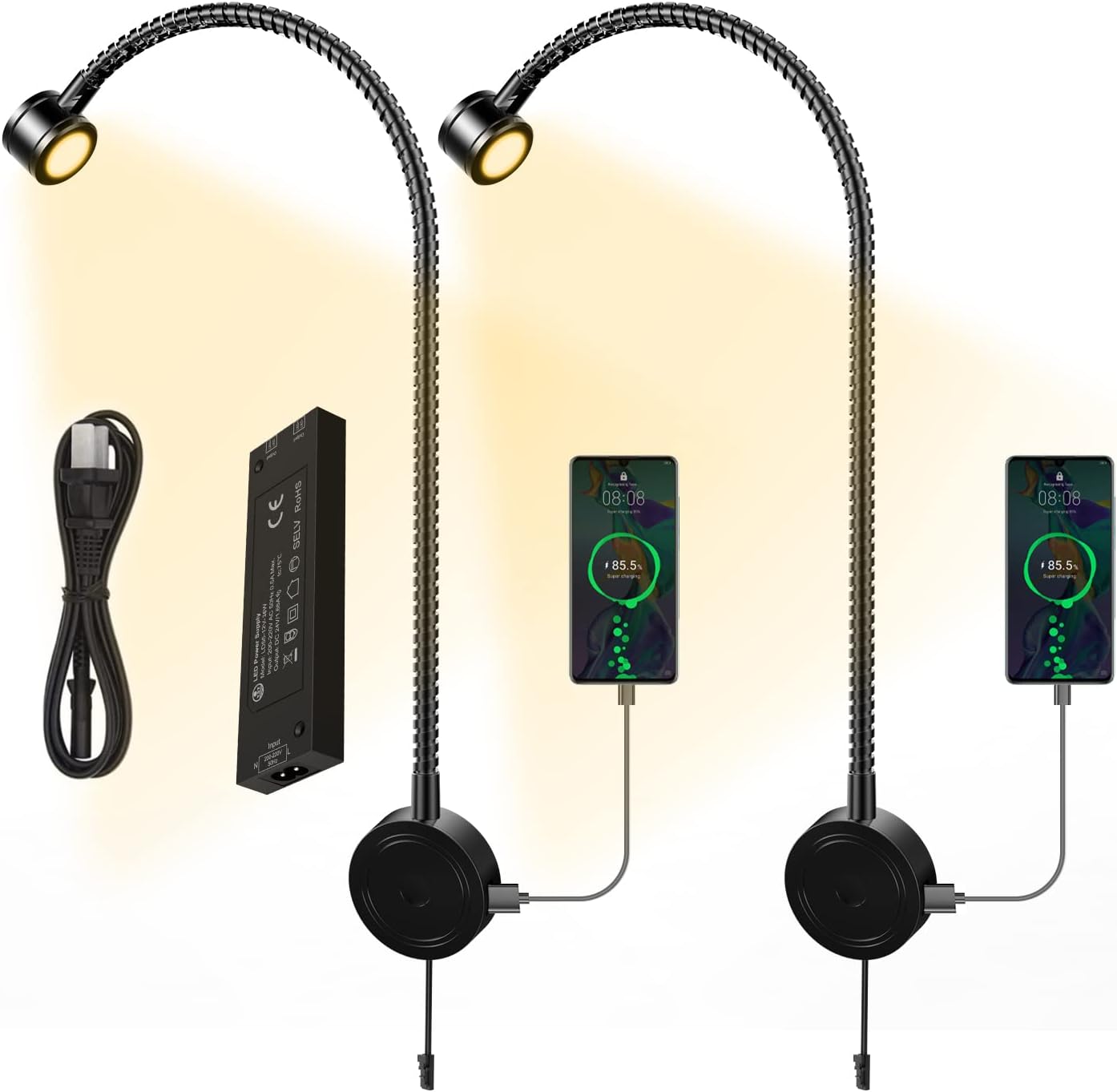 Adjustable Gooseneck Bedside Reading Lights with USB Charging Port | VST