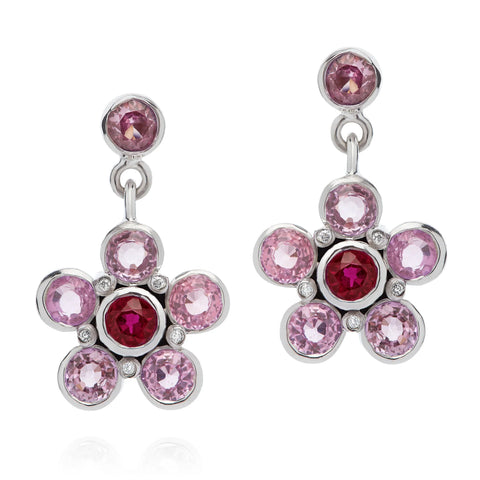 Pink Sapphire and Ruby Floral White Gold Earrings