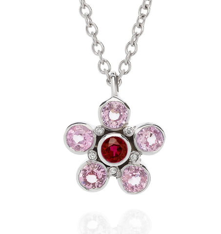 Pink Sapphire, Ruby and Diamond Flower Necklace