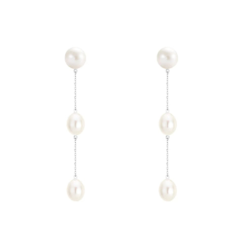 Pearl Three Drop Earrings in White Gold