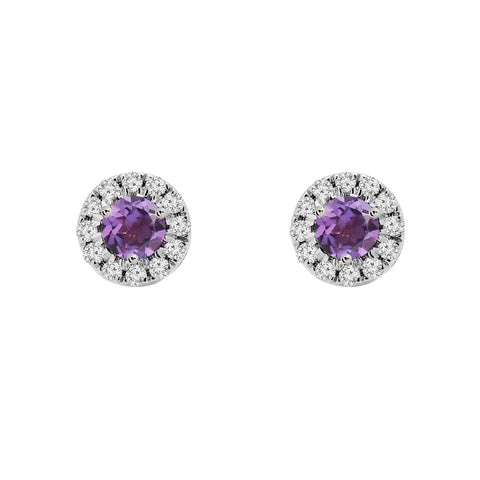 Amethyst Birthstone Diamond Halo Stud Earrings