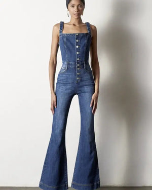 Front Buttons Flare Denim Overalls - ULTRAFINE