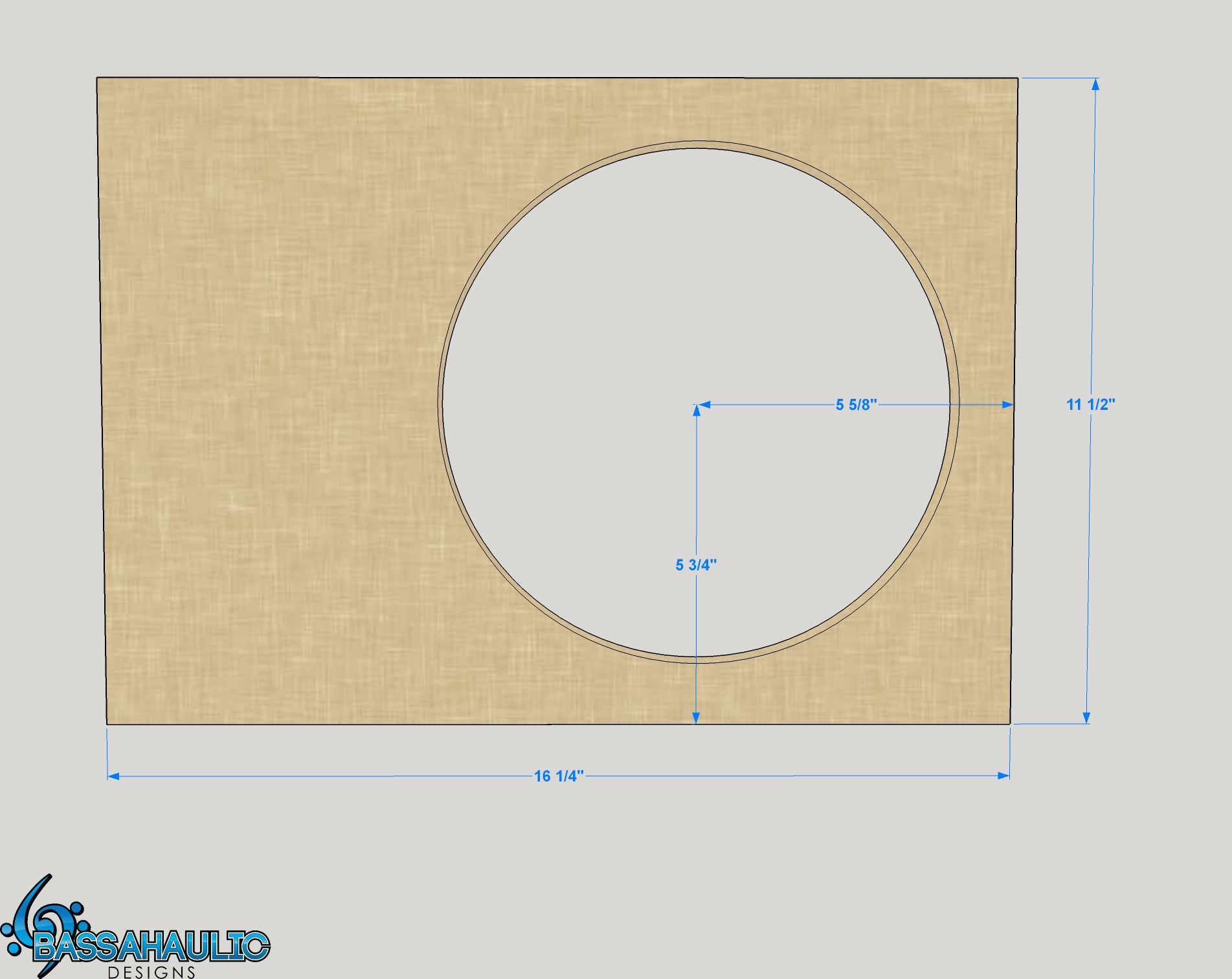 A diagram of a wooden panel with a circular cutout on the right side designed to fit the Sundown Audio SA-Series v.2 10" 1000W Subwoofer. The cutout, crafted to accommodate the subwoofer's powerful motor, has a diameter of 5 3/4 inches. The overall panel dimensions are 16 1/4 inches wide and 11 1/2 inches tall, featuring branding from Sundown Audio.