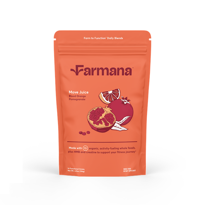 A package of Farmana Move Juice with blood orange and pomegranate illustration.