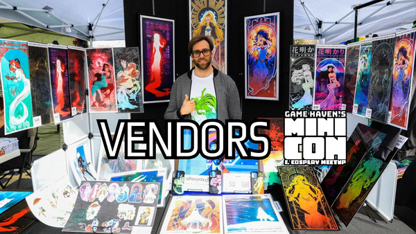 the text reads "VENDORS MINI CON AND COSPLAY MEETUP" and has a photo of artist Nimtzart standing in his booth surrounded by original art work of his.