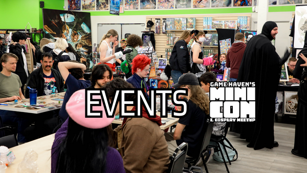 the text reads "EVENTS MINI CON AND COSPLAY MEETUP" over a photo of people gaming on tables and vendor booths in the background.