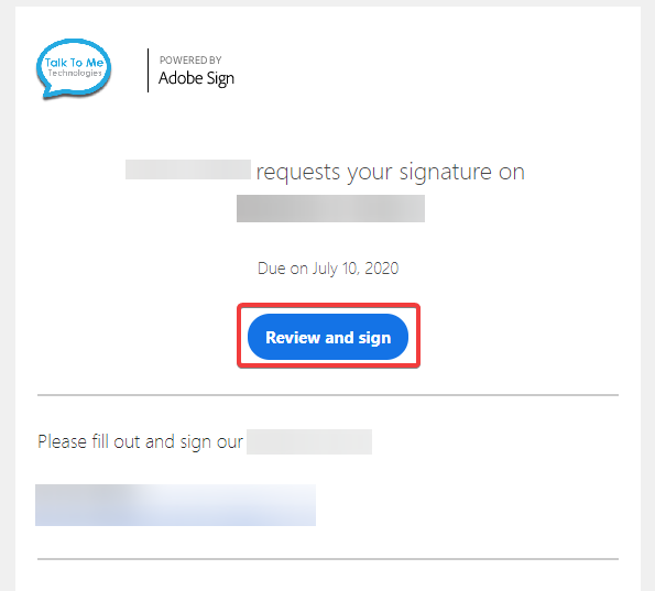 Screenshot of review and sign button