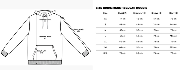 Mens regular hoodie size chart