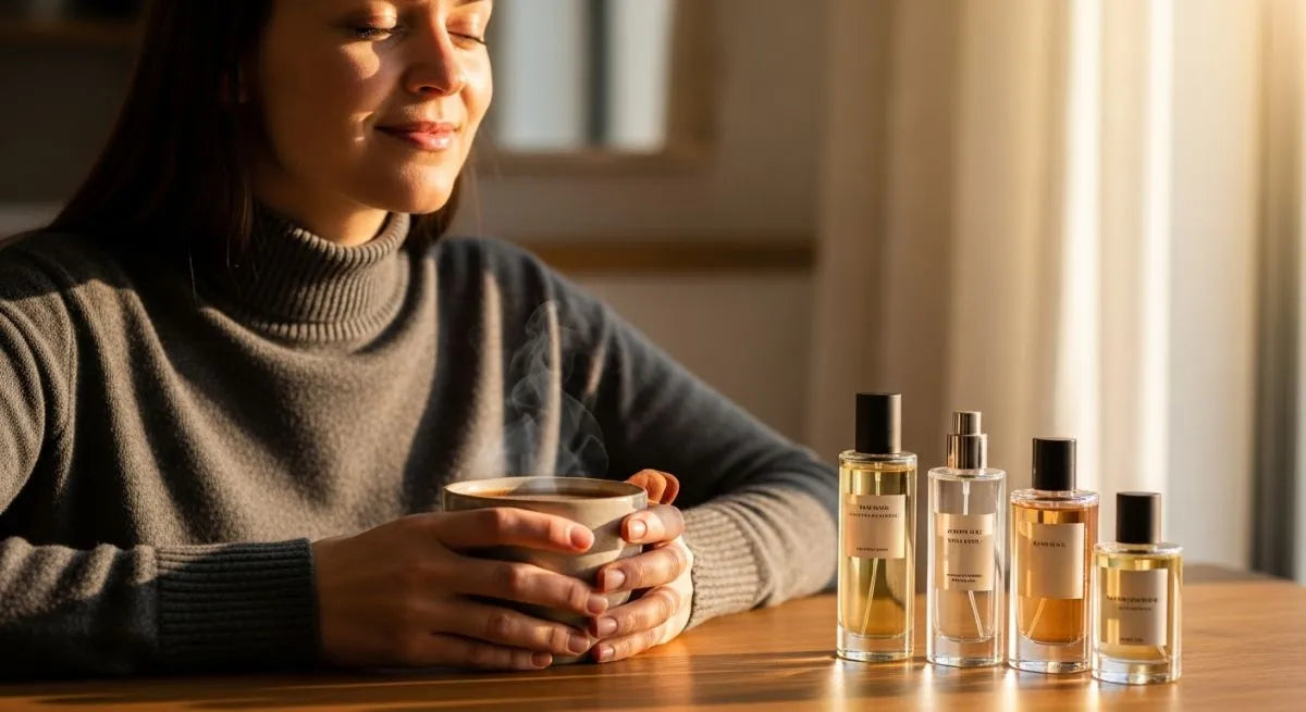 Woman savoring the aroma of the best coffee fragrance perfumes with warm, gourmand notes reminiscent of freshly brewed coffee.