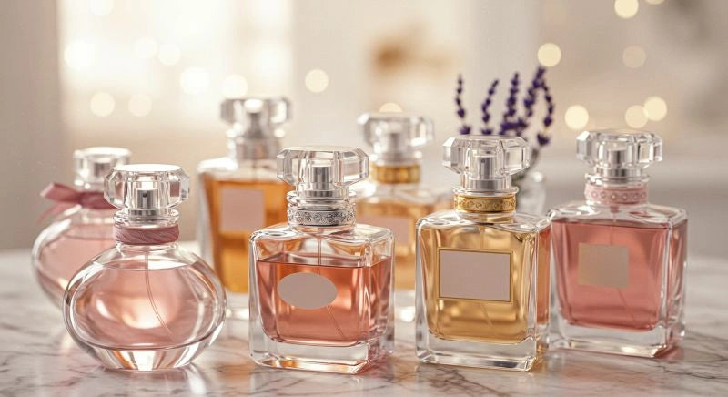 Elegant romantic perfumes on a marble table.