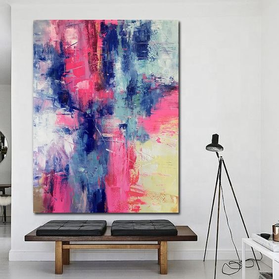 Pink And Blue Abstract Art, Black And Golden / 113x150cm