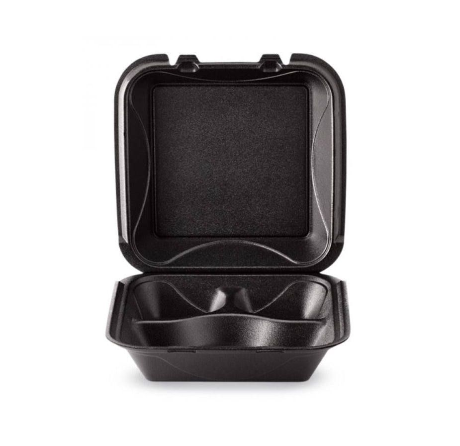 Darnel 9" x 9" x 3" Black Foam Three Compartment Hinged Container - 200ct