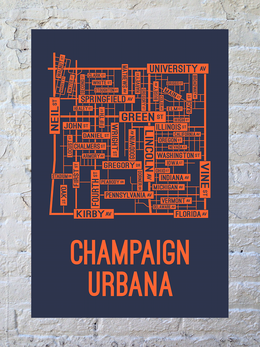 Champaign Urbana Illinois Street Map Print School Street Posters   Champaign Urbana Illinois Street Map Screenprint 2 1600x 