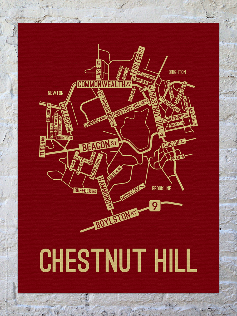 Chestnut Hill Massachusetts Street Map Canvas School Street Posters   Chestnut Hill College Town Map Canvas Red 2048x 